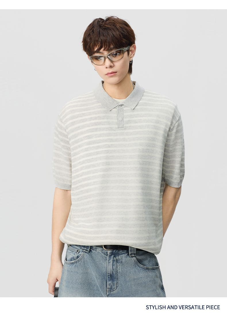 폴로 칼라 스트라이프 마 면 반팔 티셔츠 남성 오래된 돈 바람 POLO 셔츠 여름 새로운 일본식 레트로 트렌드 풀오버 상세 이미지 7