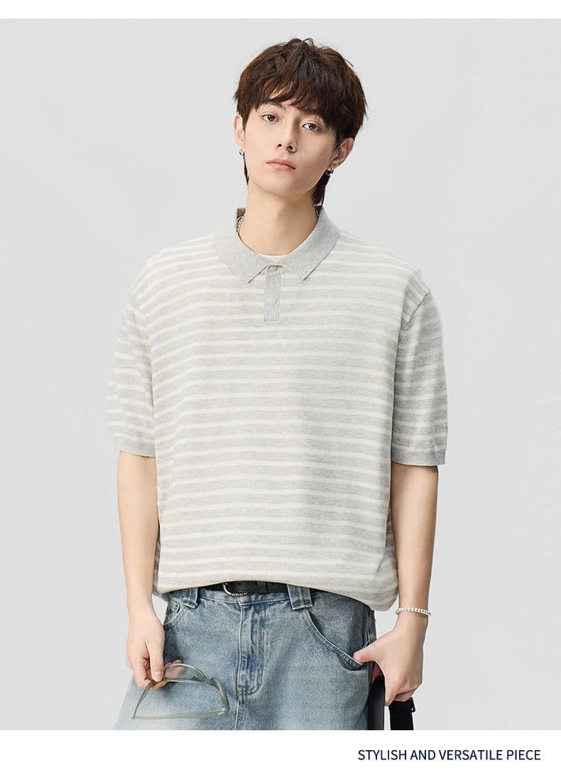 폴로 칼라 스트라이프 마 면 반팔 티셔츠 남성 오래된 돈 바람 POLO 셔츠 여름 새로운 일본식 레트로 트렌드 풀오버 상세 이미지 8