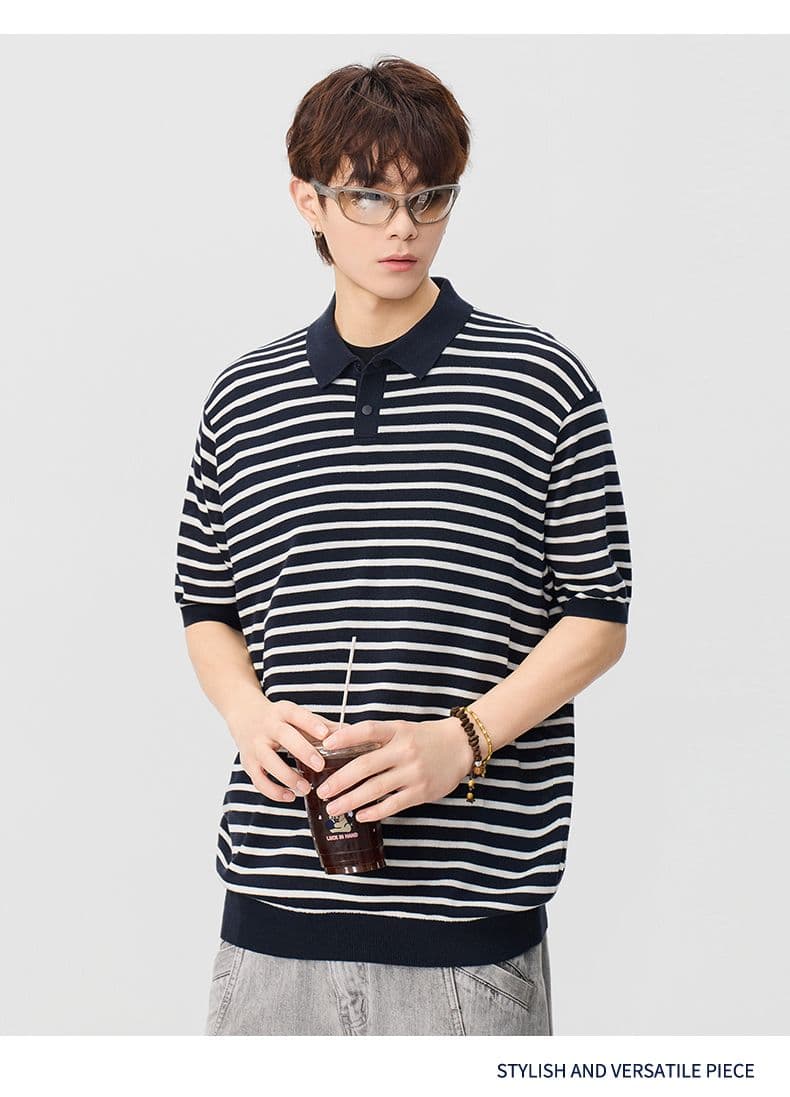 폴로 칼라 스트라이프 마 면 반팔 티셔츠 남성 오래된 돈 바람 POLO 셔츠 여름 새로운 일본식 레트로 트렌드 풀오버 상세 이미지 11