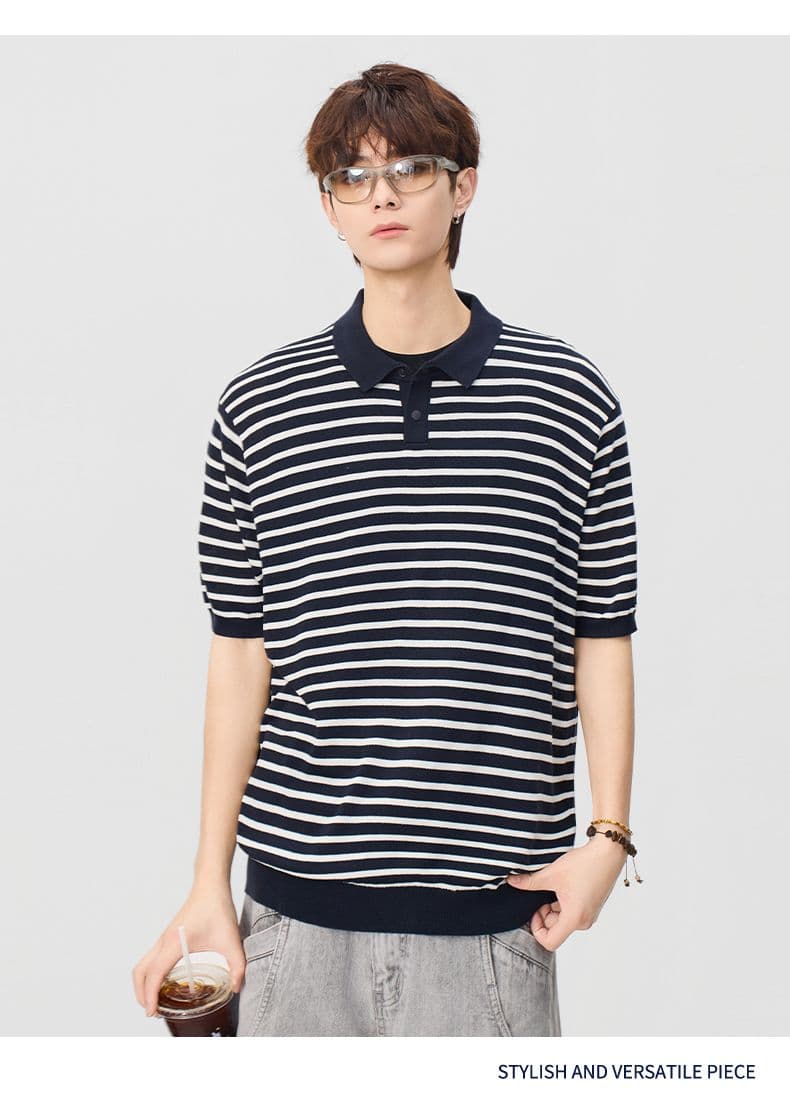 폴로 칼라 스트라이프 마 면 반팔 티셔츠 남성 오래된 돈 바람 POLO 셔츠 여름 새로운 일본식 레트로 트렌드 풀오버 상세 이미지 12