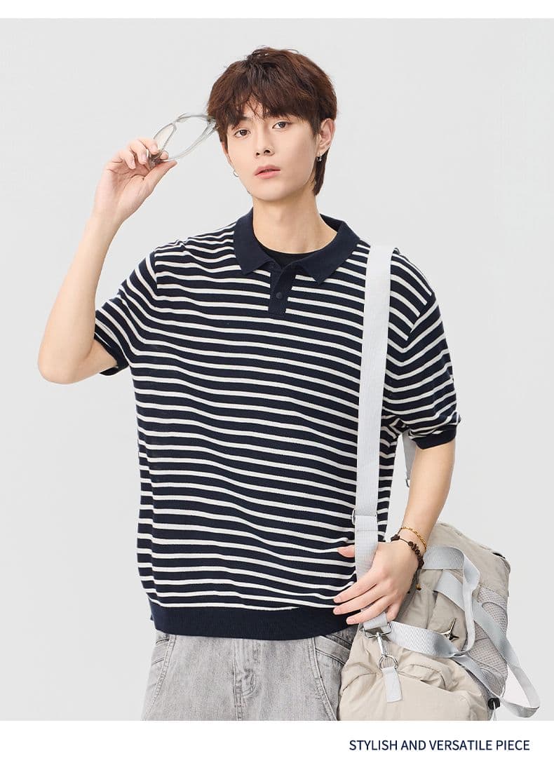 폴로 칼라 스트라이프 마 면 반팔 티셔츠 남성 오래된 돈 바람 POLO 셔츠 여름 새로운 일본식 레트로 트렌드 풀오버 상세 이미지 13