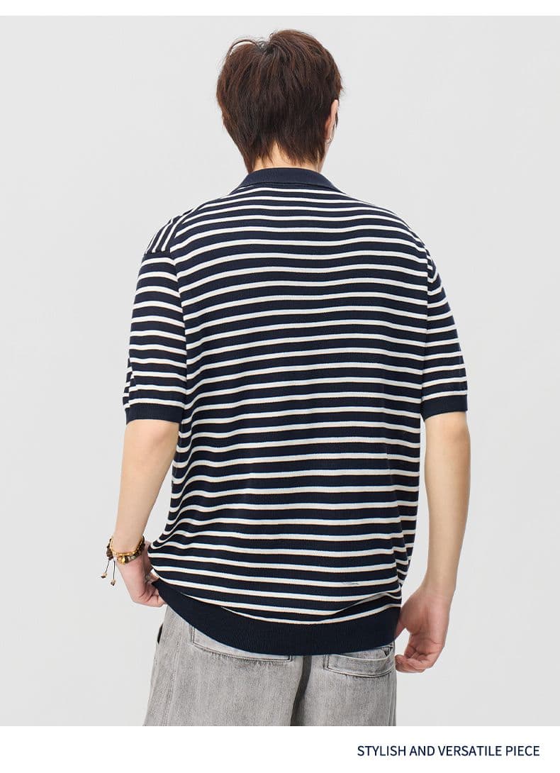 폴로 칼라 스트라이프 마 면 반팔 티셔츠 남성 오래된 돈 바람 POLO 셔츠 여름 새로운 일본식 레트로 트렌드 풀오버 상세 이미지 14