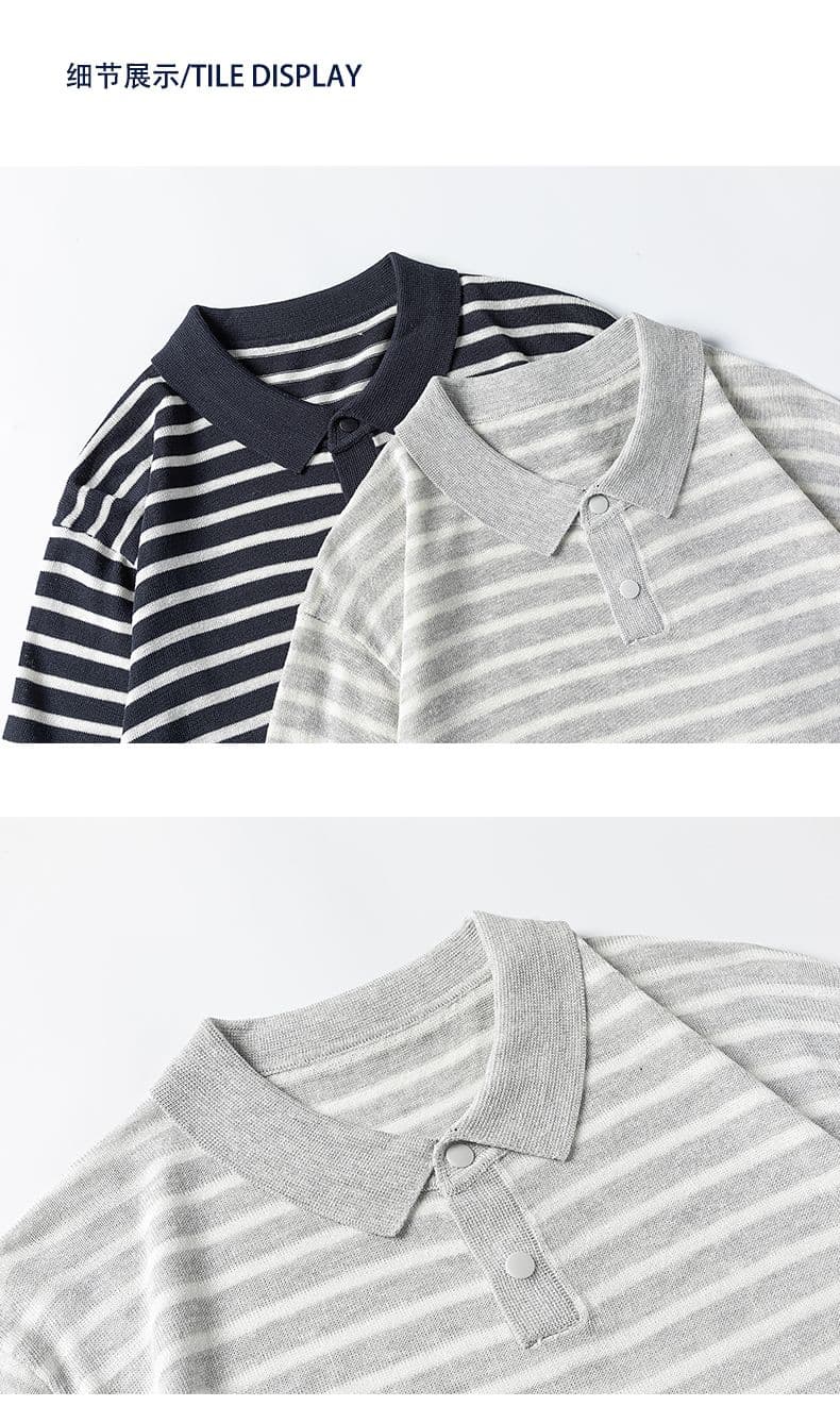폴로 칼라 스트라이프 마 면 반팔 티셔츠 남성 오래된 돈 바람 POLO 셔츠 여름 새로운 일본식 레트로 트렌드 풀오버 상세 이미지 15