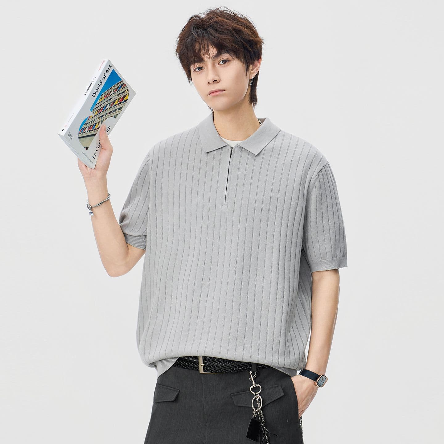 실사 2026 여름 새로운 오래된 돈 바람 폴로 칼라 스트라이프 반팔 polo 니트 스웨터 남성 레트로 다용도 트렌디 t 이미지 3