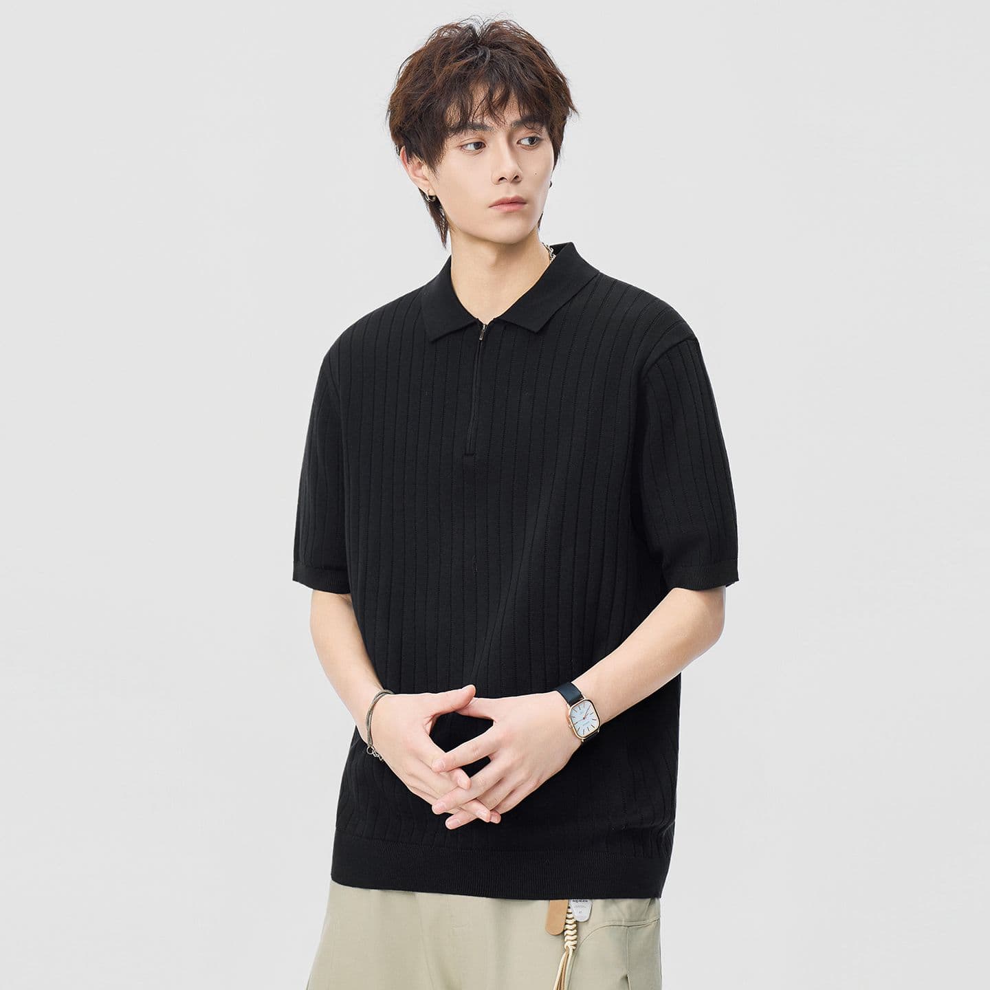 실사 2026 여름 새로운 오래된 돈 바람 폴로 칼라 스트라이프 반팔 polo 니트 스웨터 남성 레트로 다용도 트렌디 t 이미지 5