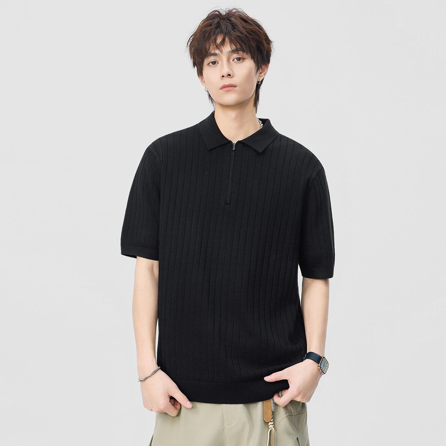 실사 2026 여름 새로운 오래된 돈 바람 폴로 칼라 스트라이프 반팔 polo 니트 스웨터 남성 레트로 다용도 트렌디 t 이미지 4