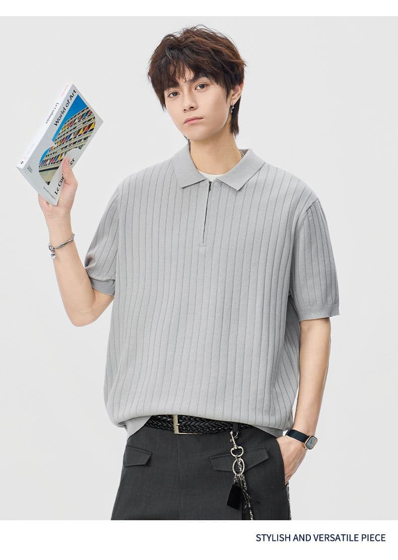 실사 2026 여름 새로운 오래된 돈 바람 폴로 칼라 스트라이프 반팔 polo 니트 스웨터 남성 레트로 다용도 트렌디 t 상세 이미지 7