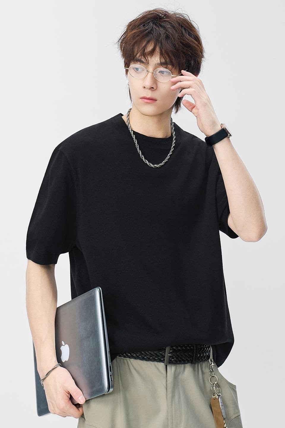 오래된 돈 바람 아마 오래된 돈 바람 단색 라운드 넥 일본식 레트로 무거운 여름 새로운 티셔츠 다용도 캐주얼 이미지 6