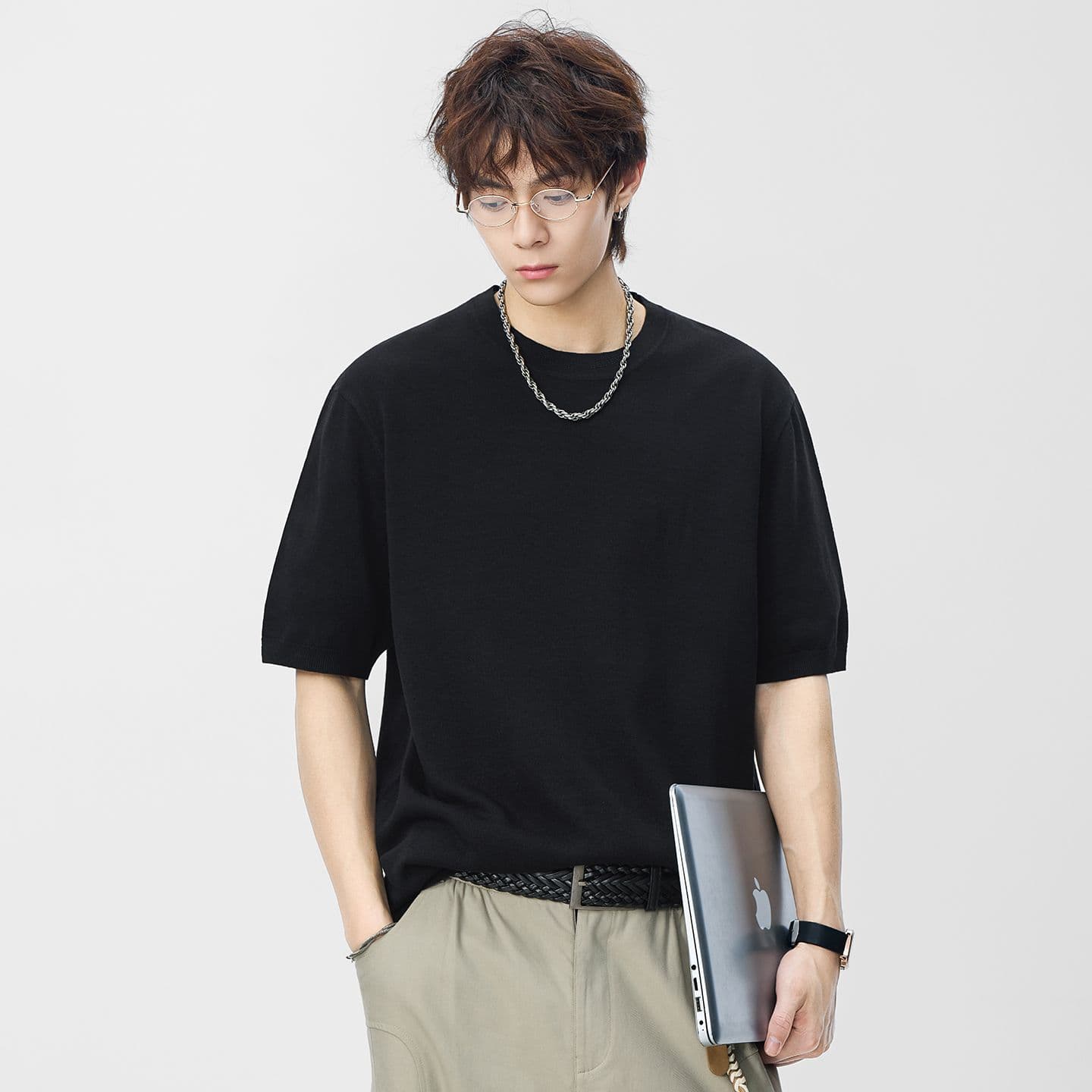 오래된 돈 바람 아마 오래된 돈 바람 단색 라운드 넥 일본식 레트로 무거운 여름 새로운 티셔츠 다용도 캐주얼 이미지 3