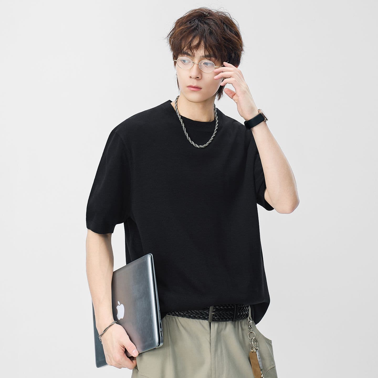 오래된 돈 바람 아마 오래된 돈 바람 단색 라운드 넥 일본식 레트로 무거운 여름 새로운 티셔츠 다용도 캐주얼 이미지 4