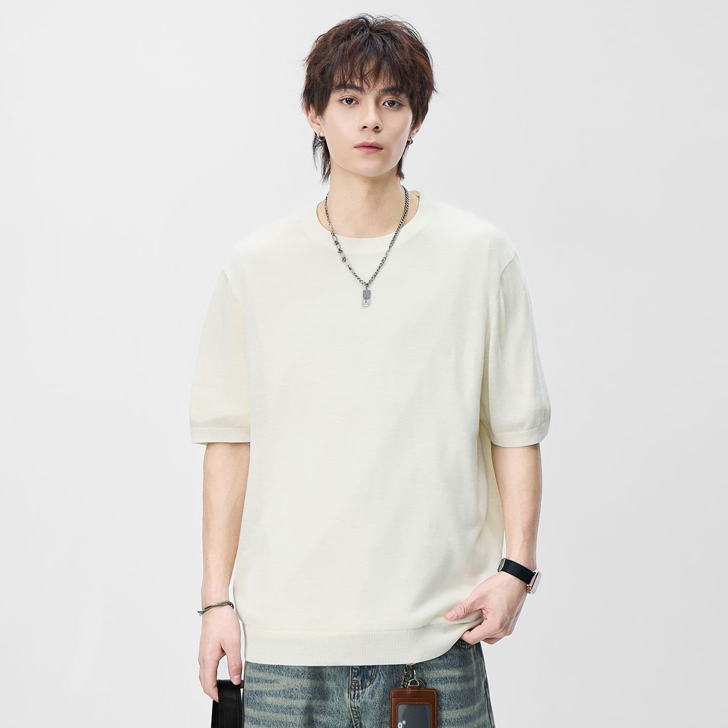 오래된 돈 바람 아마 오래된 돈 바람 단색 라운드 넥 일본식 레트로 무거운 여름 새로운 티셔츠 다용도 캐주얼 이미지 5