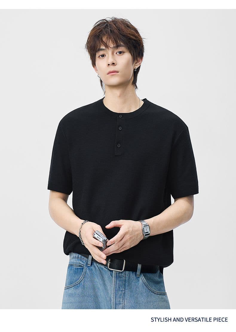 여름 오래된 돈 바람 반팔 티셔츠 남자 2026 여름 새로운 반소매 니트 스웨터 일본식 레트로 단색 상세 이미지 15