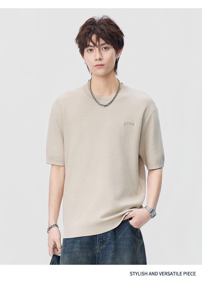 실사 2026 여름 라운드 넥 자수 니트 스웨터 오래된 돈 바람 반팔 티셔츠 남자 새로운 일본식 레트로 동정 상세 이미지 7