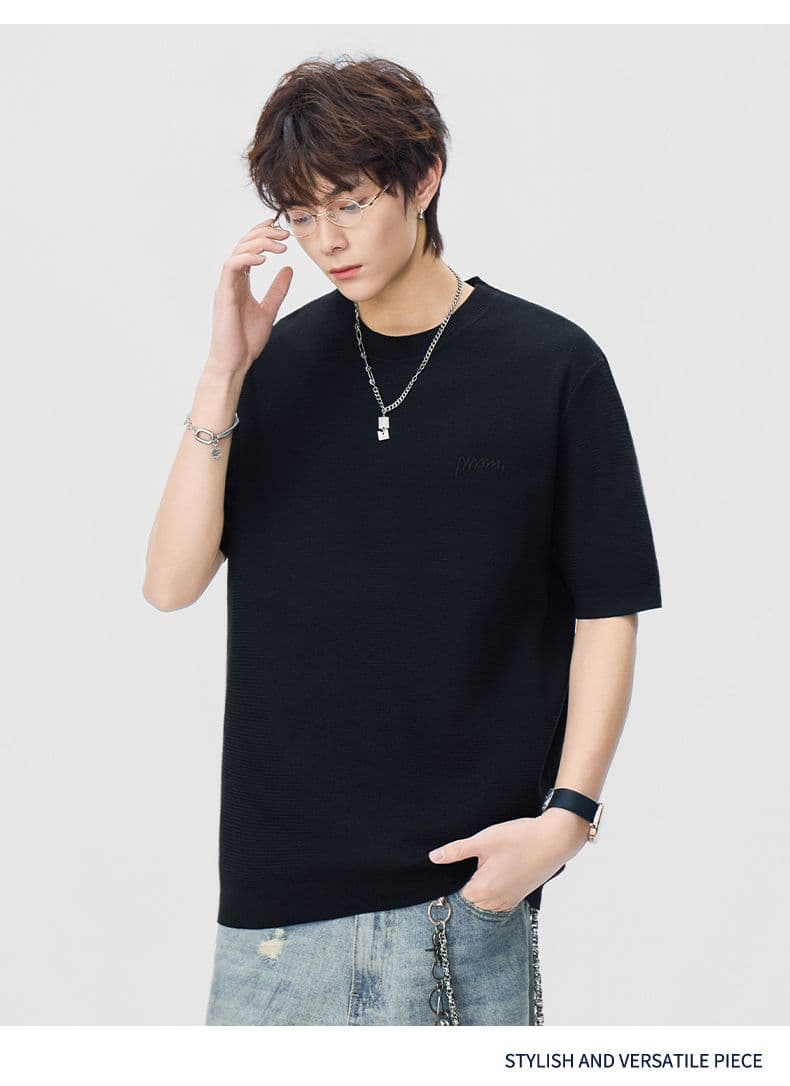 실사 2026 여름 라운드 넥 자수 니트 스웨터 오래된 돈 바람 반팔 티셔츠 남자 새로운 일본식 레트로 동정 상세 이미지 10