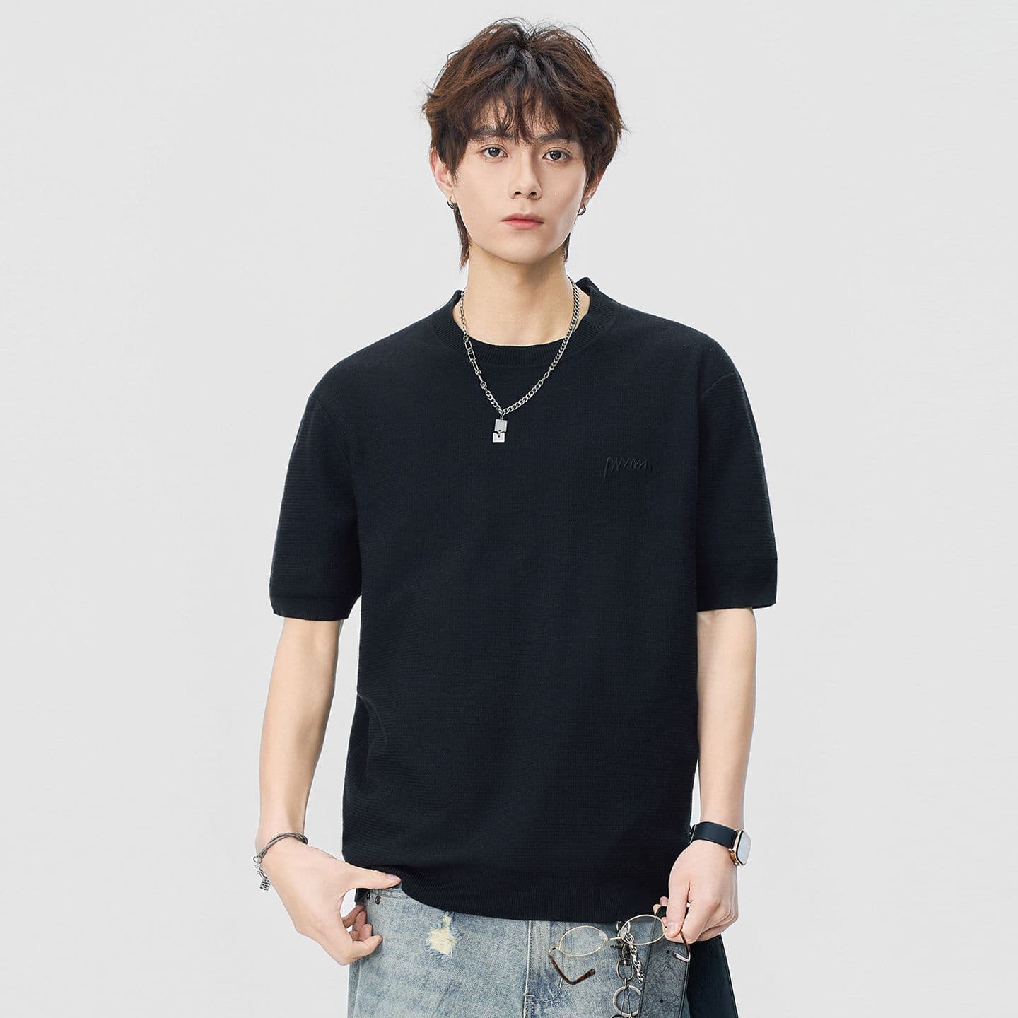 실사 2026 여름 라운드 넥 자수 니트 스웨터 오래된 돈 바람 반팔 티셔츠 남자 새로운 일본식 레트로 동정 이미지 2