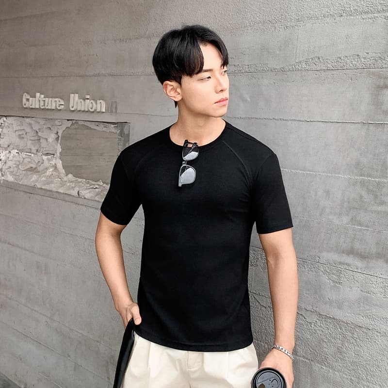실사 2026 여름 새로운 남성 삽입 어깨 소매 반팔 티셔츠 질감 센스 루즈핏 라운드 넥 미니멀리즘 캐주얼 다용도