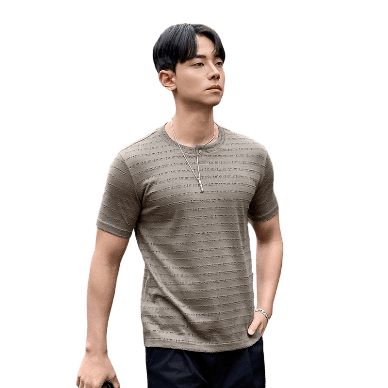 실사 2026 여름 새로운 다용도 맨위 남성 질감 스트라이프 루즈핏 라운드 넥 단추 디자인 반팔 티셔츠 이미지 5