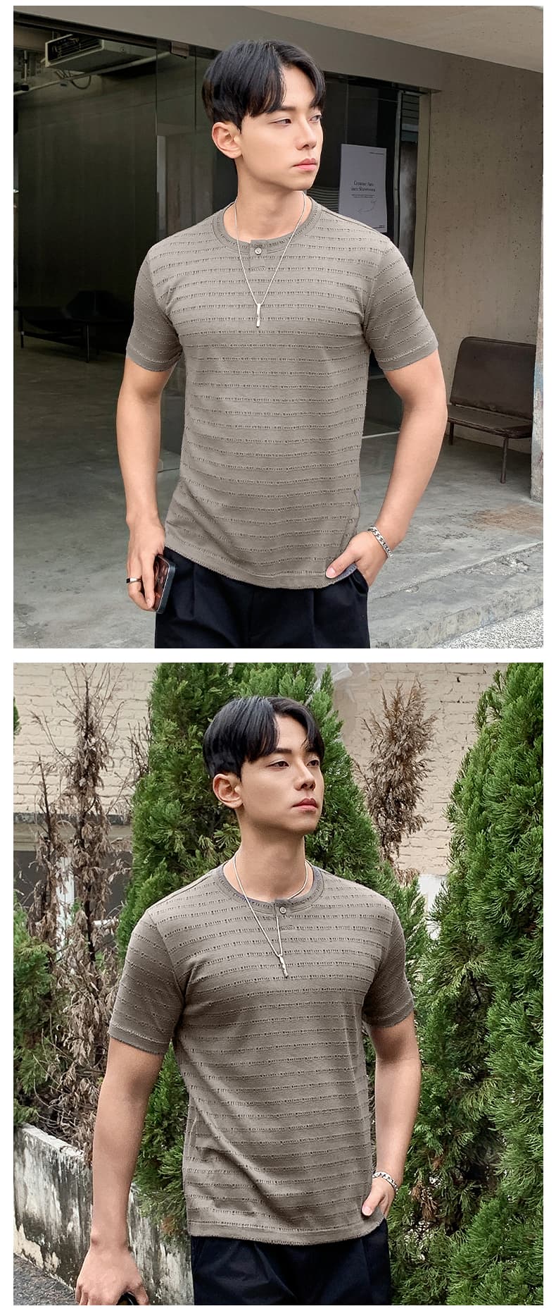 실사 2026 여름 새로운 다용도 맨위 남성 질감 스트라이프 루즈핏 라운드 넥 단추 디자인 반팔 티셔츠 상세 이미지 7