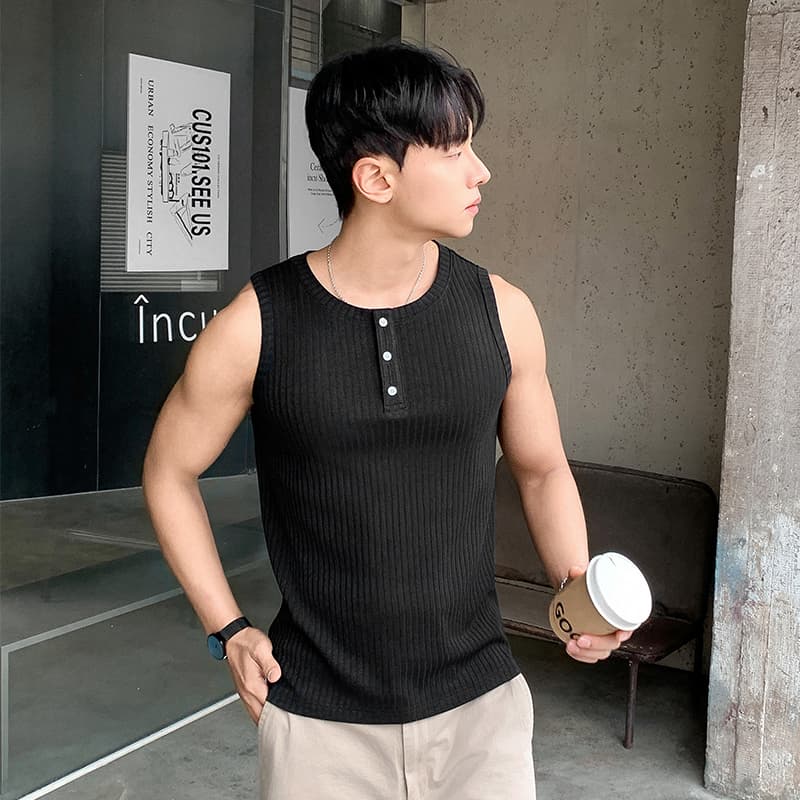 실사 2026 여름 새로운 높음 폭탄 니트 통기성 프로 피부 세 버클 라운드 넥 민소매 티셔츠 어깨 조끼 이미지 3