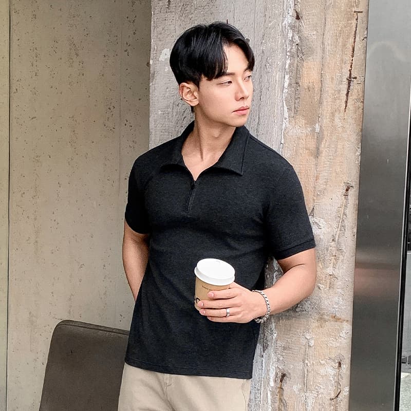 실사 여름 새로운 빛 요리 한 바람 하프 지퍼 폴로 칼라 POLO 셔츠 미니멀리즘 단색 루즈핏 캐주얼 통기성 맨위 이미지 4