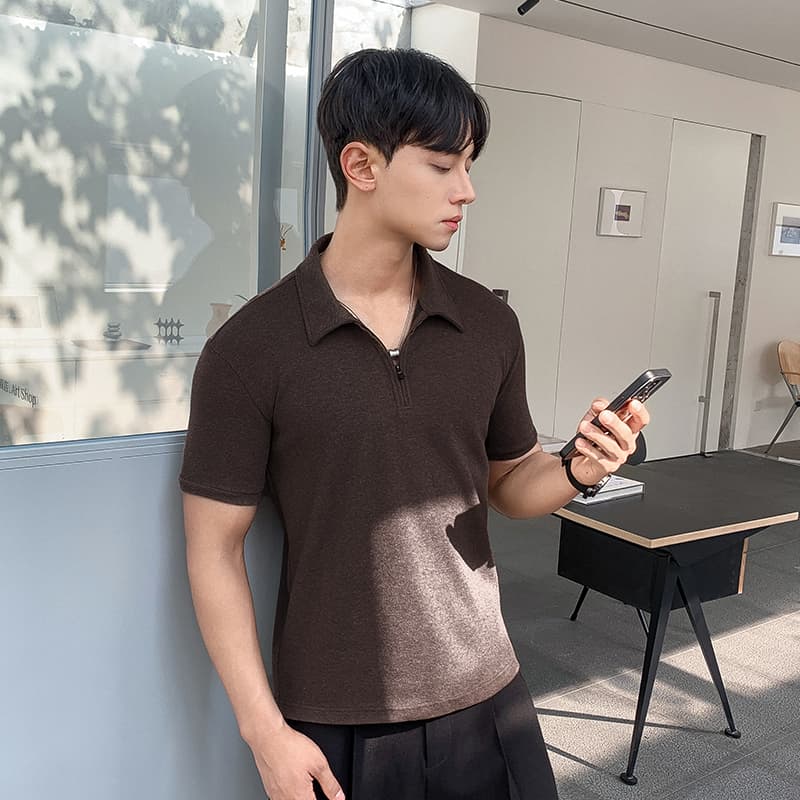 실사 여름 새로운 빛 요리 한 바람 하프 지퍼 폴로 칼라 POLO 셔츠 미니멀리즘 단색 루즈핏 캐주얼 통기성 맨위 이미지 2