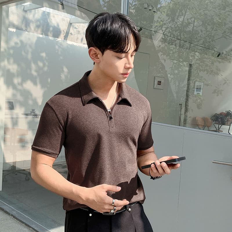 실사 여름 새로운 빛 요리 한 바람 하프 지퍼 폴로 칼라 POLO 셔츠 미니멀리즘 단색 루즈핏 캐주얼 통기성 맨위 이미지 3