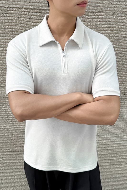 실사 여름 새로운 빛 요리 한 바람 하프 지퍼 폴로 칼라 POLO 셔츠 미니멀리즘 단색 루즈핏 캐주얼 통기성 맨위 이미지 6