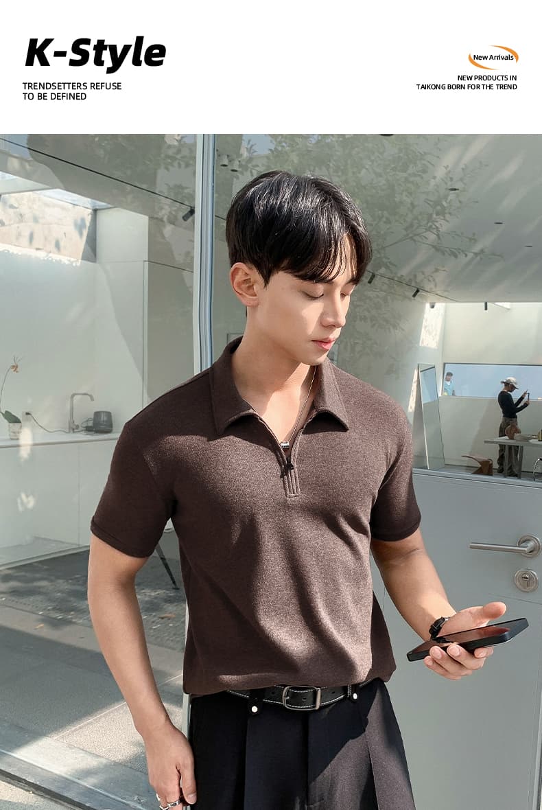 실사 여름 새로운 빛 요리 한 바람 하프 지퍼 폴로 칼라 POLO 셔츠 미니멀리즘 단색 루즈핏 캐주얼 통기성 맨위 상세 이미지 1