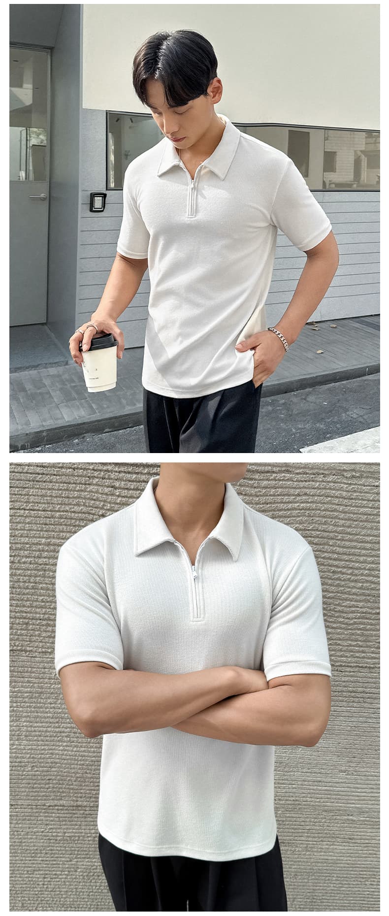 실사 여름 새로운 빛 요리 한 바람 하프 지퍼 폴로 칼라 POLO 셔츠 미니멀리즘 단색 루즈핏 캐주얼 통기성 맨위 상세 이미지 6