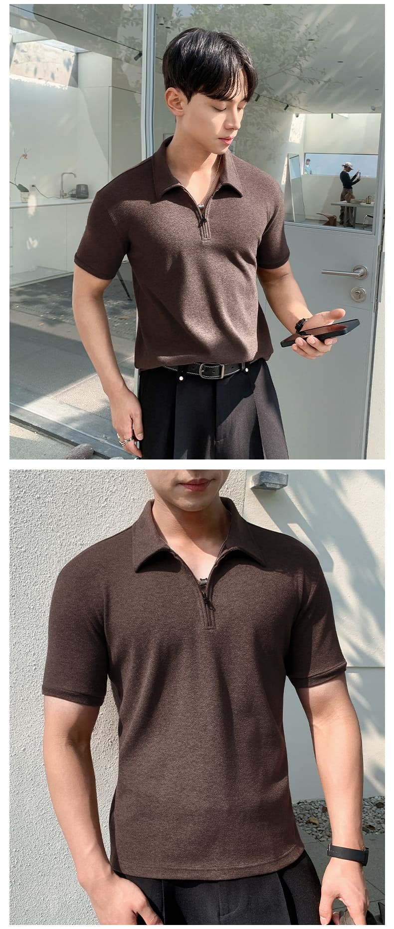실사 여름 새로운 빛 요리 한 바람 하프 지퍼 폴로 칼라 POLO 셔츠 미니멀리즘 단색 루즈핏 캐주얼 통기성 맨위 상세 이미지 7
