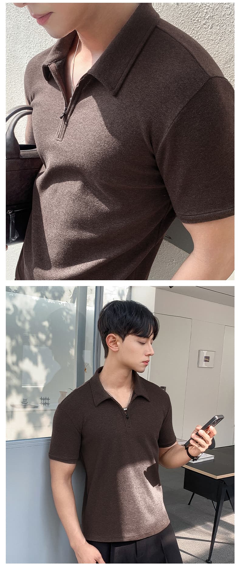 실사 여름 새로운 빛 요리 한 바람 하프 지퍼 폴로 칼라 POLO 셔츠 미니멀리즘 단색 루즈핏 캐주얼 통기성 맨위 상세 이미지 8