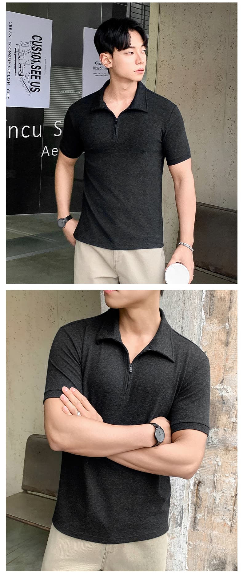 실사 여름 새로운 빛 요리 한 바람 하프 지퍼 폴로 칼라 POLO 셔츠 미니멀리즘 단색 루즈핏 캐주얼 통기성 맨위 상세 이미지 9