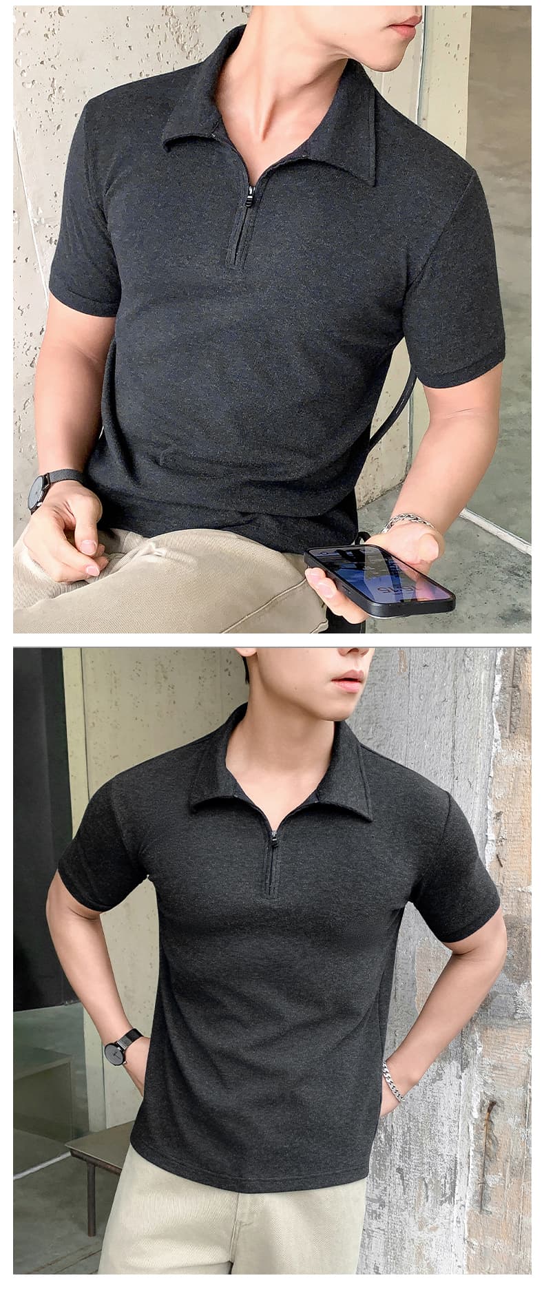실사 여름 새로운 빛 요리 한 바람 하프 지퍼 폴로 칼라 POLO 셔츠 미니멀리즘 단색 루즈핏 캐주얼 통기성 맨위 상세 이미지 10