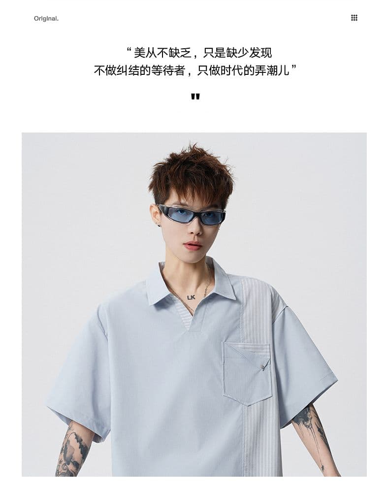 실사 2026 새로운 여름 반팔 티셔츠 남자 미니멀리즘 패치워크 POLO 셔츠 캐주얼 일본식 폴로 칼라 동정 상세 이미지 2