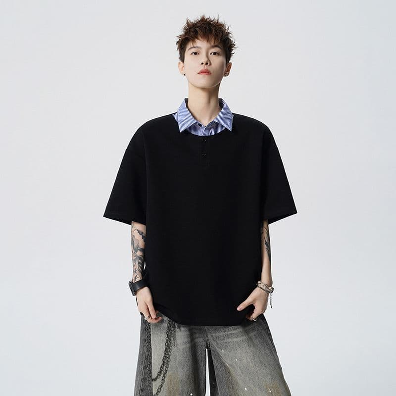 실사 2026 새로운 반팔 POLO 셔츠 남자 남자 바 면 V넥 페이크 레이어드 반팔 블루 흰색 스트립 셔츠 칼라 루즈핏 t