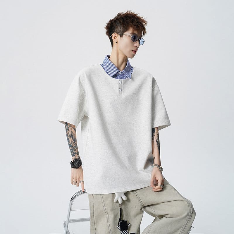 실사 2026 새로운 반팔 POLO 셔츠 남자 남자 바 면 V넥 페이크 레이어드 반팔 블루 흰색 스트립 셔츠 칼라 루즈핏 t 이미지 4