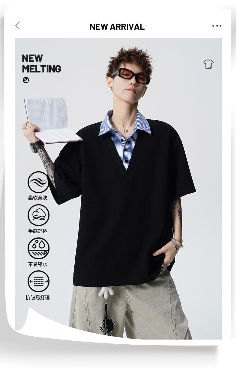 실사 2026 새로운 페이크 레이어드 POLO 셔츠 남자 남자 바 면 V넥 반팔 블루 흰색 스트립 셔츠 칼라 루즈핏 티셔츠 상세 이미지 1