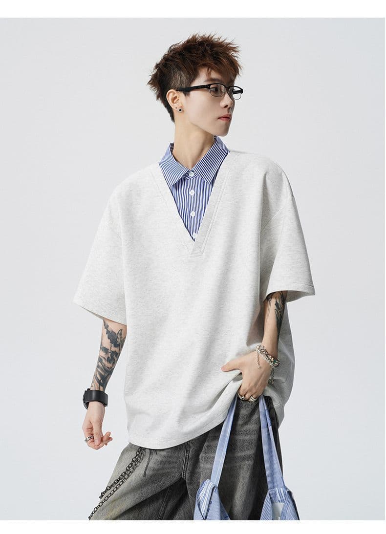 실사 2026 새로운 페이크 레이어드 POLO 셔츠 남자 남자 바 면 V넥 반팔 블루 흰색 스트립 셔츠 칼라 루즈핏 티셔츠 상세 이미지 18