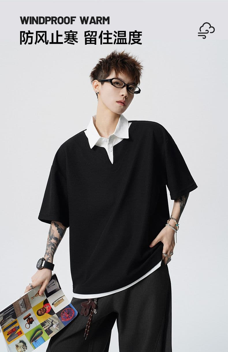 여름 새로운 반팔 POLO 셔츠 남자 후아 남편 그리드 페이크 레이어드 폴로 칼라 반팔 셔츠 칼라 무거운 루즈핏 티셔츠 상세 이미지 6