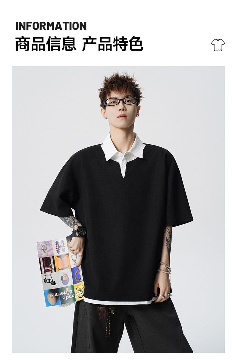 여름 새로운 반팔 POLO 셔츠 남자 후아 남편 그리드 페이크 레이어드 폴로 칼라 반팔 셔츠 칼라 무거운 루즈핏 티셔츠 상세 이미지 8