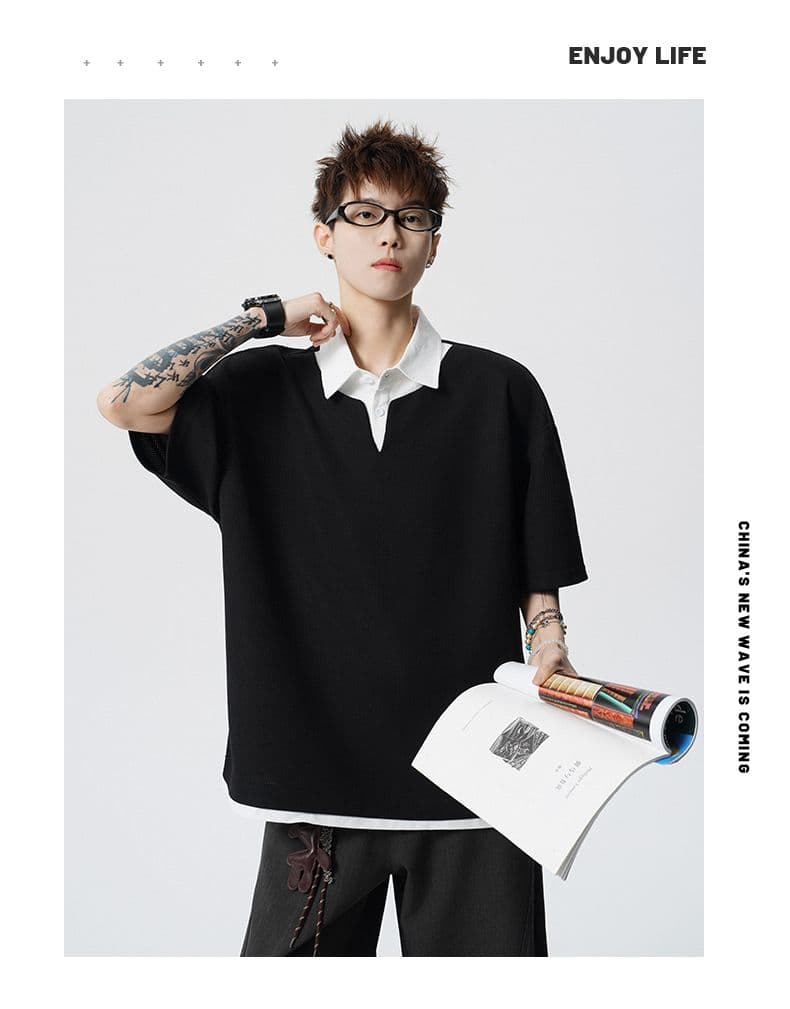 여름 새로운 반팔 POLO 셔츠 남자 후아 남편 그리드 페이크 레이어드 폴로 칼라 반팔 셔츠 칼라 무거운 루즈핏 티셔츠 상세 이미지 13