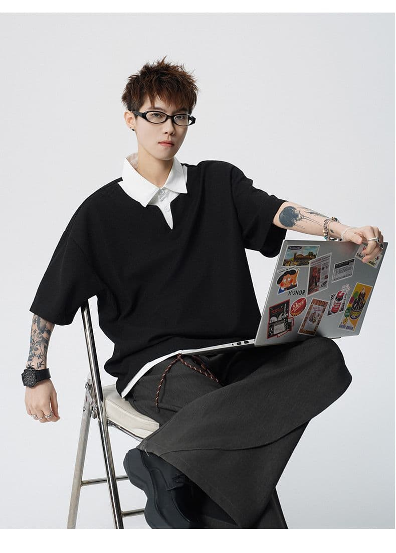 여름 새로운 반팔 POLO 셔츠 남자 후아 남편 그리드 페이크 레이어드 폴로 칼라 반팔 셔츠 칼라 무거운 루즈핏 티셔츠 상세 이미지 15