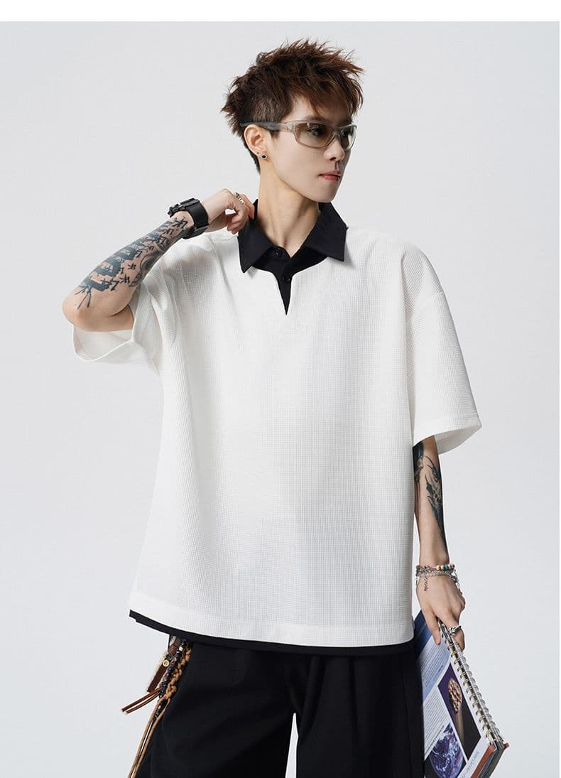 여름 새로운 반팔 POLO 셔츠 남자 후아 남편 그리드 페이크 레이어드 폴로 칼라 반팔 셔츠 칼라 무거운 루즈핏 티셔츠 상세 이미지 16