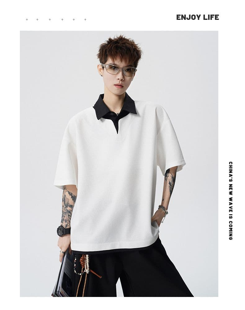 여름 새로운 반팔 POLO 셔츠 남자 후아 남편 그리드 페이크 레이어드 폴로 칼라 반팔 셔츠 칼라 무거운 루즈핏 티셔츠 상세 이미지 17