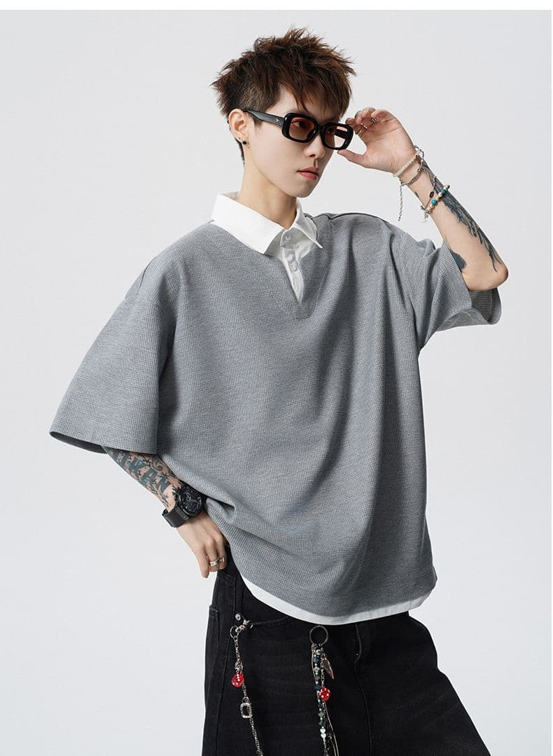 여름 새로운 반팔 POLO 셔츠 남자 후아 남편 그리드 페이크 레이어드 폴로 칼라 반팔 셔츠 칼라 무거운 루즈핏 티셔츠 상세 이미지 20