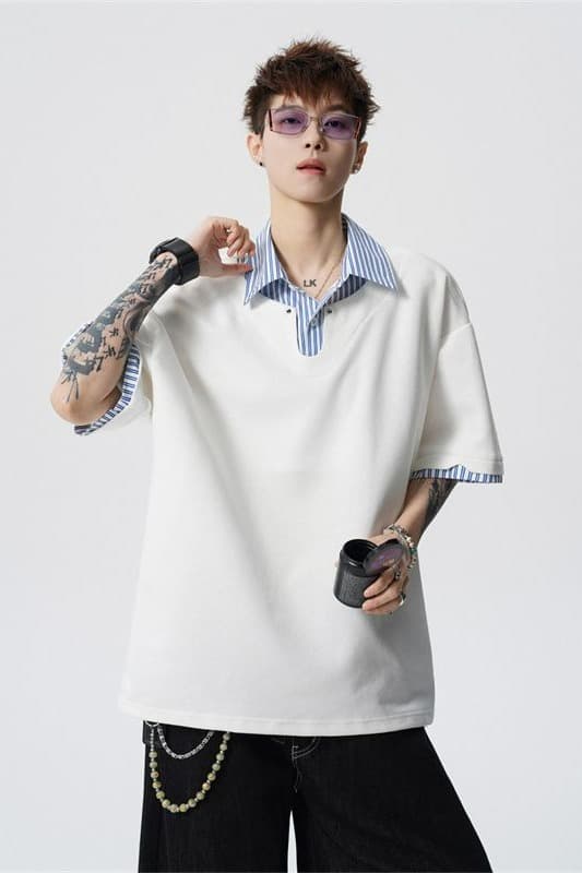 여름 새로운 반팔 POLO 셔츠 남자 남자 바 면 V넥 페이크 레이어드 반팔 블루 흰색 스트립 셔츠 칼라 무거운 루즈핏 t 이미지 6
