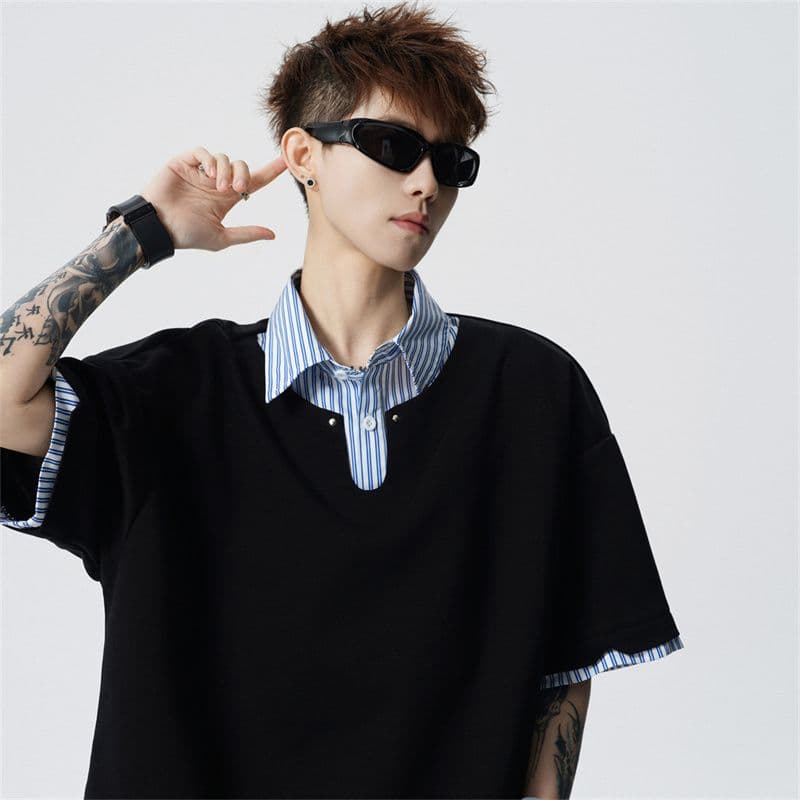 여름 새로운 반팔 POLO 셔츠 남자 남자 바 면 V넥 페이크 레이어드 반팔 블루 흰색 스트립 셔츠 칼라 무거운 루즈핏 t 이미지 4