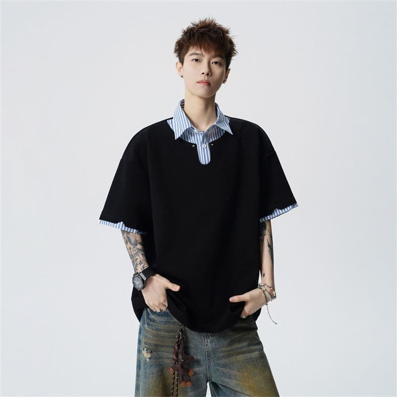 여름 새로운 반팔 POLO 셔츠 남자 남자 바 면 V넥 페이크 레이어드 반팔 블루 흰색 스트립 셔츠 칼라 무거운 루즈핏 t