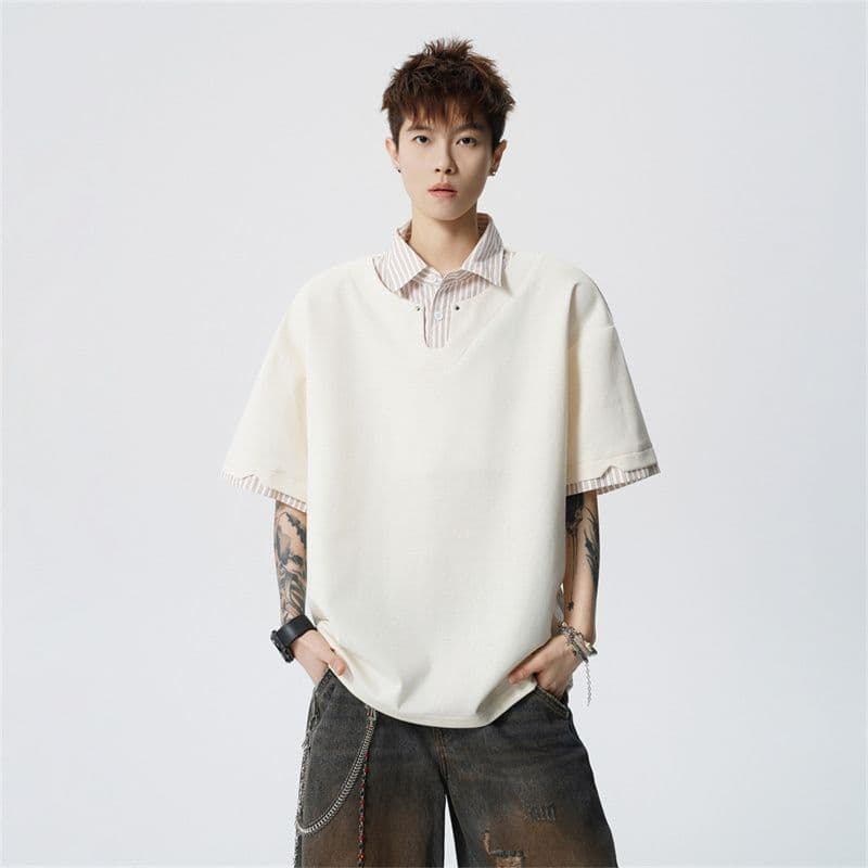 여름 새로운 반팔 POLO 셔츠 남자 남자 바 면 V넥 페이크 레이어드 반팔 블루 흰색 스트립 셔츠 칼라 무거운 루즈핏 t 이미지 2
