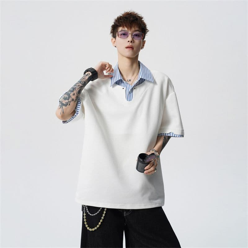 여름 새로운 반팔 POLO 셔츠 남자 남자 바 면 V넥 페이크 레이어드 반팔 블루 흰색 스트립 셔츠 칼라 무거운 루즈핏 t 이미지 3